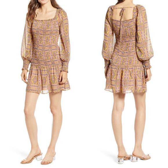Moon River by Anthropologie Square Neck Smocked Long Sleeve Mini Dress Small - Picture 1 of 7